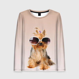 Женский лонгслив 3D с принтом собака в очках в Тюмени, 100% полиэстер | длинные рукава, круглый вырез горловины, полуприлегающий силуэт | лето | маленткая | мода | отдых | очки | собака | солнечные очки | солнцезащитные очки | хвостик