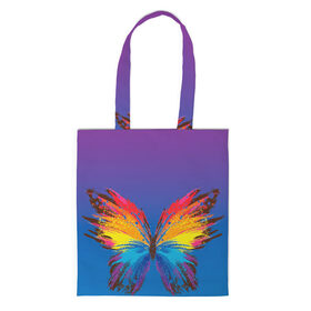 Шоппер 3D с принтом красочная бабочка в Тюмени, 100% полиэстер | Плотность: 200 г/м2; Размер: 34×35 см; Высота лямок: 30 см | абстрактное искусство | бабочка | беспозвоночные | брызги | градиент | краска | красочная | крылья | лето | мотыльки и бабочки | насекомое | радуга | ярко