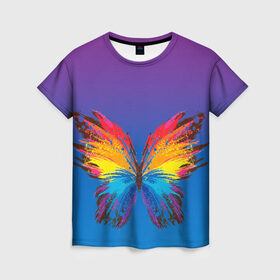 Женская футболка 3D с принтом красочная бабочка в Тюмени, 100% полиэфир ( синтетическое хлопкоподобное полотно) | прямой крой, круглый вырез горловины, длина до линии бедер | абстрактное искусство | бабочка | беспозвоночные | брызги | градиент | краска | красочная | крылья | лето | мотыльки и бабочки | насекомое | радуга | ярко