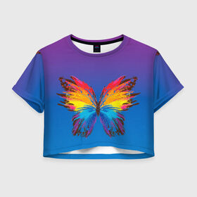 Женская футболка Crop-top 3D с принтом красочная бабочка в Тюмени, 100% полиэстер | круглая горловина, длина футболки до линии талии, рукава с отворотами | абстрактное искусство | бабочка | беспозвоночные | брызги | градиент | краска | красочная | крылья | лето | мотыльки и бабочки | насекомое | радуга | ярко