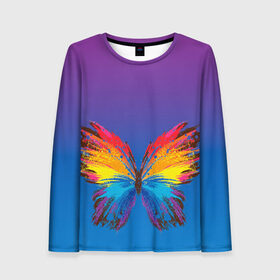Женский лонгслив 3D с принтом красочная бабочка в Тюмени, 100% полиэстер | длинные рукава, круглый вырез горловины, полуприлегающий силуэт | абстрактное искусство | бабочка | беспозвоночные | брызги | градиент | краска | красочная | крылья | лето | мотыльки и бабочки | насекомое | радуга | ярко