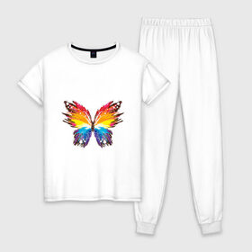 Женская пижама хлопок с принтом бабочка краской в Тюмени, 100% хлопок | брюки и футболка прямого кроя, без карманов, на брюках мягкая резинка на поясе и по низу штанин | бабочка | беспозвоночные | брызги | градиент | краска | красочная | крылья | лето | мотыльки и бабочки | насекомое | насекомые | радуга | ярко