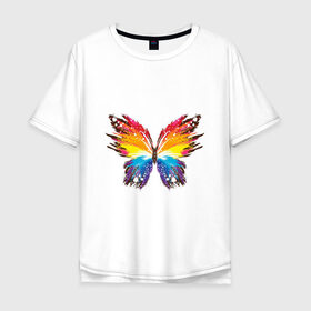 Мужская футболка хлопок Oversize с принтом бабочка краской в Тюмени, 100% хлопок | свободный крой, круглый ворот, “спинка” длиннее передней части | Тематика изображения на принте: бабочка | беспозвоночные | брызги | градиент | краска | красочная | крылья | лето | мотыльки и бабочки | насекомое | насекомые | радуга | ярко