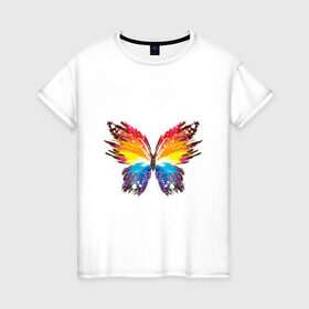 Женская футболка хлопок с принтом бабочка краской в Тюмени, 100% хлопок | прямой крой, круглый вырез горловины, длина до линии бедер, слегка спущенное плечо | бабочка | беспозвоночные | брызги | градиент | краска | красочная | крылья | лето | мотыльки и бабочки | насекомое | насекомые | радуга | ярко