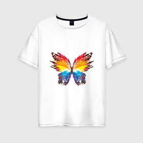 Женская футболка хлопок Oversize с принтом бабочка краской в Тюмени, 100% хлопок | свободный крой, круглый ворот, спущенный рукав, длина до линии бедер
 | бабочка | беспозвоночные | брызги | градиент | краска | красочная | крылья | лето | мотыльки и бабочки | насекомое | насекомые | радуга | ярко