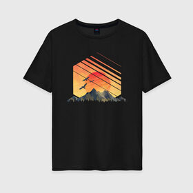 Женская футболка хлопок Oversize с принтом Mountain Galaxy Sunset в Тюмени, 100% хлопок | свободный крой, круглый ворот, спущенный рукав, длина до линии бедер
 | abstract | art | geometric | geometry | landscape | minimalism | sky | space | sun | абстракция | арт | векторный рисунок | восход | галактика | геометрия | гора | горный пейзаж | горы | закат | картина | космос | минимализм | небо