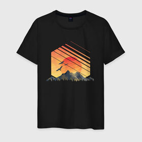Мужская футболка хлопок с принтом Mountain Galaxy Sunset в Тюмени, 100% хлопок | прямой крой, круглый вырез горловины, длина до линии бедер, слегка спущенное плечо. | Тематика изображения на принте: abstract | art | geometric | geometry | landscape | minimalism | sky | space | sun | абстракция | арт | векторный рисунок | восход | галактика | геометрия | гора | горный пейзаж | горы | закат | картина | космос | минимализм | небо