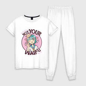 Женская пижама хлопок с принтом Anime Not Your Waifu в Тюмени, 100% хлопок | брюки и футболка прямого кроя, без карманов, на брюках мягкая резинка на поясе и по низу штанин | art | japan | japanimation | kanji | kawaii | manga | анимешник | анимешника | арт | в стиле аниме | вайфу | иероглифы | кавайи | кавайная | кандзи | кот | котенок | котята | кошка | манга | не твоя | рисунок | символы | япони