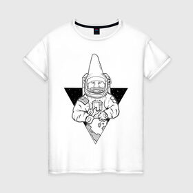 Женская футболка хлопок с принтом Gnome Chompski Astronaut в Тюмени, 100% хлопок | прямой крой, круглый вырез горловины, длина до линии бедер, слегка спущенное плечо | garden gnome | gnome alone | little rocket man | гном чомски | маленький космонавт | один гнома | садовый гном