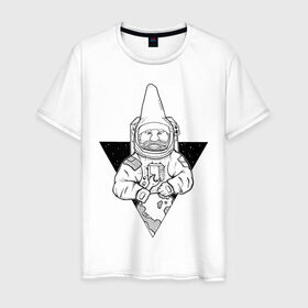 Мужская футболка хлопок с принтом Gnome Chompski Astronaut в Тюмени, 100% хлопок | прямой крой, круглый вырез горловины, длина до линии бедер, слегка спущенное плечо. | garden gnome | gnome alone | little rocket man | гном чомски | маленький космонавт | один гнома | садовый гном
