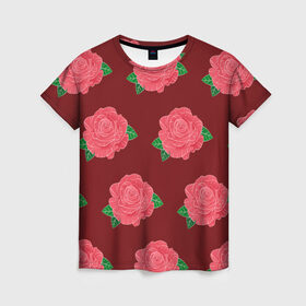 Женская футболка 3D с принтом Розы на красном в Тюмени, 100% полиэфир ( синтетическое хлопкоподобное полотно) | прямой крой, круглый вырез горловины, длина до линии бедер | black | botany | flowers | pattern | plant | red | rose | white | белый | ботаника | красный | растение | роза | узор | цветы | черный