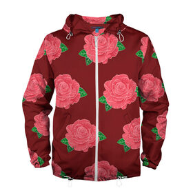 Мужская ветровка 3D с принтом Розы на красном в Тюмени, 100% полиэстер | подол и капюшон оформлены резинкой с фиксаторами, два кармана без застежек по бокам, один потайной карман на груди | black | botany | flowers | pattern | plant | red | rose | white | белый | ботаника | красный | растение | роза | узор | цветы | черный