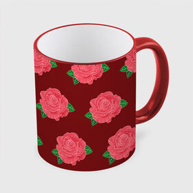 Кружка с принтом Розы на красном в Тюмени, керамика | ёмкость 330 мл | black | botany | flowers | pattern | plant | red | rose | white | белый | ботаника | красный | растение | роза | узор | цветы | черный