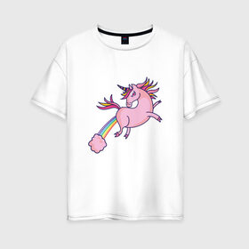 Женская футболка хлопок Oversize с принтом Единорог пукает радугой в Тюмени, 100% хлопок | свободный крой, круглый ворот, спущенный рукав, длина до линии бедер
 | chubby | fart | pink | rainbow | unicorn | газ | газы | единорог для детей | единорожка | животное | конь | лошадка | на радуге | неприличный единорог | облако | облачко | прикол | радуга | рог | розовое облако