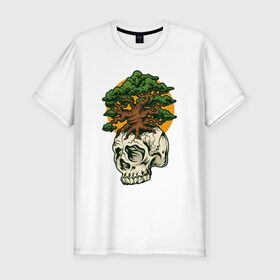 Мужская футболка хлопок Slim с принтом Дерево из черепа в Тюмени, 92% хлопок, 8% лайкра | приталенный силуэт, круглый вырез ворота, длина до линии бедра, короткий рукав | абстракция | дерево | дуб | кости | скелет | чеперушка | череп