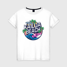 Женская футболка хлопок с принтом Kailua beach в Тюмени, 100% хлопок | прямой крой, круглый вырез горловины, длина до линии бедер, слегка спущенное плечо | kailua beach | акула | закат | отдых | пальма | пляж