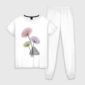 Женская пижама хлопок с принтом Одуванчики в Тюмени, 100% хлопок | брюки и футболка прямого кроя, без карманов, на брюках мягкая резинка на поясе и по низу штанин | Тематика изображения на принте: зонтики | лето | растения | серый. одуванчик | сиреневый | сухоцветы | цветы