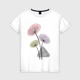Женская футболка хлопок с принтом Одуванчики в Тюмени, 100% хлопок | прямой крой, круглый вырез горловины, длина до линии бедер, слегка спущенное плечо | Тематика изображения на принте: зонтики | лето | растения | серый. одуванчик | сиреневый | сухоцветы | цветы
