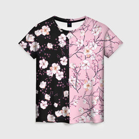Женская футболка 3D с принтом САКУРА | SAKURA | ВИШНЯ в Тюмени, 100% полиэфир ( синтетическое хлопкоподобное полотно) | прямой крой, круглый вырез горловины, длина до линии бедер | chery | flowers | japan | roses | sakura | вишня | растения | розы | ромашка | сакура | тюльпаны | цветы | цветы сакуры | япония