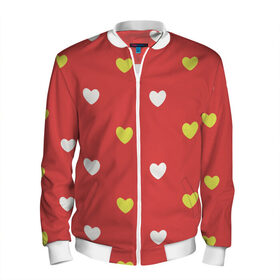 Мужской бомбер 3D с принтом Сердечки на красном паттерн в Тюмени, 100% полиэстер | застегивается на молнию, по бокам два кармана без застежек, по низу бомбера и на воротнике - эластичная резинка | background | design | fabric | heart | love | pattern | red | romance | romantic | seamless | valentine | красный | любовь | рисунок | романтика | сердце | узор