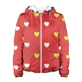 Женская куртка 3D с принтом Сердечки на красном паттерн в Тюмени, ткань верха — 100% полиэстер, подклад — флис | прямой крой, подол и капюшон оформлены резинкой с фиксаторами, два кармана без застежек по бокам, один большой потайной карман на груди. Карман на груди застегивается на липучку | background | design | fabric | heart | love | pattern | red | romance | romantic | seamless | valentine | красный | любовь | рисунок | романтика | сердце | узор