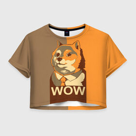 Женская футболка Crop-top 3D с принтом Doge Wow в Тюмени, 100% полиэстер | круглая горловина, длина футболки до линии талии, рукава с отворотами | animal | art | dog | doge | dogecoin | many x | mem | meme | new | poster | such x | wave | wow | арт | в | галстук | галстуке | двухцветная | животное | зверь | имени | кабосу | мем | мемас | мэм | по | постер | сиба ину | собака | хищник