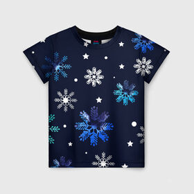 Детская футболка 3D с принтом Падающие снежинки уходящей зимы в Тюмени, 100% гипоаллергенный полиэфир | прямой крой, круглый вырез горловины, длина до линии бедер, чуть спущенное плечо, ткань немного тянется | джинсовая | необычная | падают | синяя текстура | снежинки | текстура