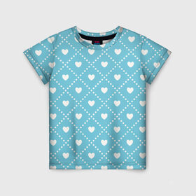 Детская футболка 3D с принтом Белые сердечки на голубом фоне в Тюмени, 100% гипоаллергенный полиэфир | прямой крой, круглый вырез горловины, длина до линии бедер, чуть спущенное плечо, ткань немного тянется | белый | квадраты | многоугольники. точки | ромбы | сердце | узор | фон