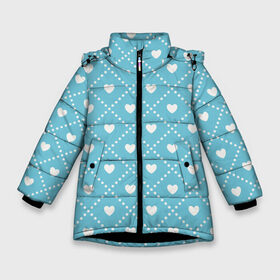 Зимняя куртка для девочек 3D с принтом Белые сердечки на голубом фоне в Тюмени, ткань верха — 100% полиэстер; подклад — 100% полиэстер, утеплитель — 100% полиэстер. | длина ниже бедра, удлиненная спинка, воротник стойка и отстегивающийся капюшон. Есть боковые карманы с листочкой на кнопках, утяжки по низу изделия и внутренний карман на молнии. 

Предусмотрены светоотражающий принт на спинке, радужный светоотражающий элемент на пуллере молнии и на резинке для утяжки. | белый | квадраты | многоугольники. точки | ромбы | сердце | узор | фон