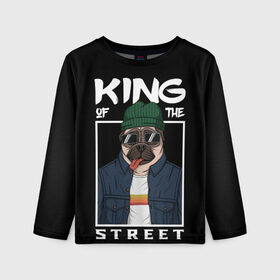 Детский лонгслив 3D с принтом King Street в Тюмени, 100% полиэстер | длинные рукава, круглый вырез горловины, полуприлегающий силуэт
 | animal | art | brutal | dog | illustration | king | of | pug | street | the | арт | брутальный | бульдог | в | животное | зверь | король | надпись | одежде | очках | пёс | рамка | собака | текст | улиц | улицы | уличный | шапке