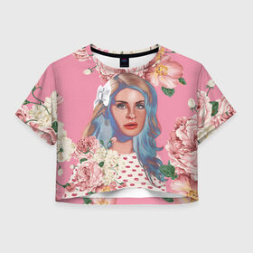 Женская футболка Crop-top 3D с принтом Лана дел рей в цветах в Тюмени, 100% полиэстер | круглая горловина, длина футболки до линии талии, рукава с отворотами | lana del rey | music | лана дел рей | музыка | певица