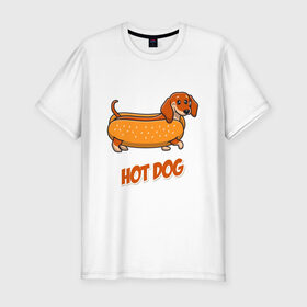 Мужская футболка хлопок Slim с принтом Hot Dog в Тюмени, 92% хлопок, 8% лайкра | приталенный силуэт, круглый вырез ворота, длина до линии бедра, короткий рукав | dog | fast food | hot dog | булка | собака