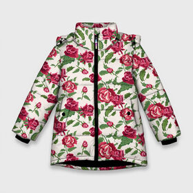 Зимняя куртка для девочек 3D с принтом Узор из красных роз в Тюмени, ткань верха — 100% полиэстер; подклад — 100% полиэстер, утеплитель — 100% полиэстер. | длина ниже бедра, удлиненная спинка, воротник стойка и отстегивающийся капюшон. Есть боковые карманы с листочкой на кнопках, утяжки по низу изделия и внутренний карман на молнии. 

Предусмотрены светоотражающий принт на спинке, радужный светоотражающий элемент на пуллере молнии и на резинке для утяжки. | Тематика изображения на принте: art | flora | floral | flower | pattern | red flowers | roses | thorns | арт | букет | бутоны | иллюстрация | колючки | красная роза | листья | огород | паттерн | растения | рисунок | розы | сад | садовая роза | узоры | флора | флор