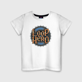 Детская футболка хлопок с принтом Loop Hero лого в Тюмени, 100% хлопок | круглый вырез горловины, полуприлегающий силуэт, длина до линии бедер | games | knight | logo | loop hero | magic | rogue like | russia | steam | sword | герой петли | игры | лого | магия | меч | рогалик | россия | рыцарь | стим