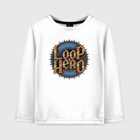 Детский лонгслив хлопок с принтом Loop Hero лого в Тюмени, 100% хлопок | круглый вырез горловины, полуприлегающий силуэт, длина до линии бедер | Тематика изображения на принте: games | knight | logo | loop hero | magic | rogue like | russia | steam | sword | герой петли | игры | лого | магия | меч | рогалик | россия | рыцарь | стим