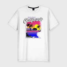Мужская футболка хлопок Slim с принтом California в Тюмени, 92% хлопок, 8% лайкра | приталенный силуэт, круглый вырез ворота, длина до линии бедра, короткий рукав | Тематика изображения на принте: california | coast | загар | закат | калифорния | медведь | море | отдых | пляж