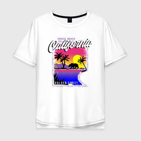 Мужская футболка хлопок Oversize с принтом California в Тюмени, 100% хлопок | свободный крой, круглый ворот, “спинка” длиннее передней части | Тематика изображения на принте: california | coast | загар | закат | калифорния | медведь | море | отдых | пляж