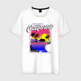 Мужская футболка хлопок с принтом California в Тюмени, 100% хлопок | прямой крой, круглый вырез горловины, длина до линии бедер, слегка спущенное плечо. | Тематика изображения на принте: california | coast | загар | закат | калифорния | медведь | море | отдых | пляж