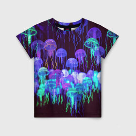 Детская футболка 3D с принтом Неоновые медузы в Тюмени, 100% гипоаллергенный полиэфир | прямой крой, круглый вырез горловины, длина до линии бедер, чуть спущенное плечо, ткань немного тянется | вода | животные | медузы | неон | неоновые