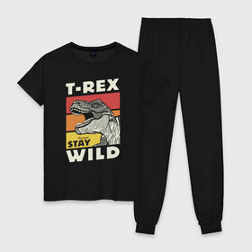 Женская пижама хлопок с принтом T-rex wild в Тюмени, 100% хлопок | брюки и футболка прямого кроя, без карманов, на брюках мягкая резинка на поясе и по низу штанин | dino | t rex | wild | дино | динозавр | закат | зверь | хищник