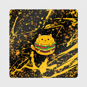 Магнит виниловый Квадрат с принтом Котобургер в Тюмени, полимерный материал с магнитным слоем | размер 9*9 см, закругленные углы | Тематика изображения на принте: брызги | булка | бургер кот | буттерброд | гамбургер | желтый | котенок | котик | котобургер | краски | оранжевый | сендвич | фаст фуд | чизбургер