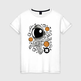 Женская футболка хлопок с принтом Космонавт Баскетболист в Тюмени, 100% хлопок | прямой крой, круглый вырез горловины, длина до линии бедер, слегка спущенное плечо | астронавт | баскетбол | гром | икс | космонавт | молния | мяч | облако | скафандр