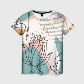 Женская футболка 3D с принтом Цветы в Тюмени, 100% полиэфир ( синтетическое хлопкоподобное полотно) | прямой крой, круглый вырез горловины, длина до линии бедер | flowers | герберы | контур | легкие | лилии | мягкие | роза | ромашка | тренд | цветы