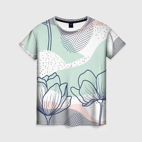 Женская футболка 3D с принтом Цветы в Тюмени, 100% полиэфир ( синтетическое хлопкоподобное полотно) | прямой крой, круглый вырез горловины, длина до линии бедер | flowers | герберы | контур | легкие | лилии | мягкие | роза | ромашка | тренд | цветы