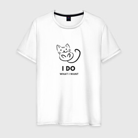 Мужская футболка хлопок с принтом I Do What I Want в Тюмени, 100% хлопок | прямой крой, круглый вырез горловины, длина до линии бедер, слегка спущенное плечо. | cat | cats | text | кот | кошка | кошки | надпись | текст