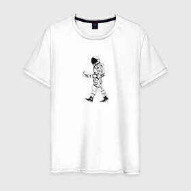 Мужская футболка хлопок с принтом Космонавт с кофе в Тюмени, 100% хлопок | прямой крой, круглый вырез горловины, длина до линии бедер, слегка спущенное плечо. | астронавт | день космонавтики | космонавт | кофе | полет
