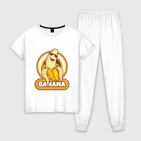 Женская пижама хлопок с принтом Банан в Тюмени, 100% хлопок | брюки и футболка прямого кроя, без карманов, на брюках мягкая резинка на поясе и по низу штанин | banana | fruit | банан | желтый | фрукт