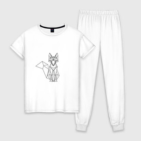Женская пижама хлопок с принтом Лиса оригами в Тюмени, 100% хлопок | брюки и футболка прямого кроя, без карманов, на брюках мягкая резинка на поясе и по низу штанин | геометрическая лиса | кицунэ | лиса | лисичка | оригами | рыжая