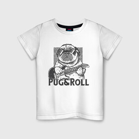 Детская футболка хлопок с принтом Pug & Roll в Тюмени, 100% хлопок | круглый вырез горловины, полуприлегающий силуэт, длина до линии бедер | dog | drawing | guitar | music | pop art | pug | rock and roll | гитара | мопс | музыка | очки | пес | поп арт | рисунок | рок н ролл | собака