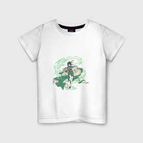Детская футболка хлопок с принтом Венти в Тюмени, 100% хлопок | круглый вырез горловины, полуприлегающий силуэт, длина до линии бедер | арт | барбатос | бог ветра | венти | дух ветра ветер | лепестки | лепесток | милый парень | рисунок | цветок | цветы